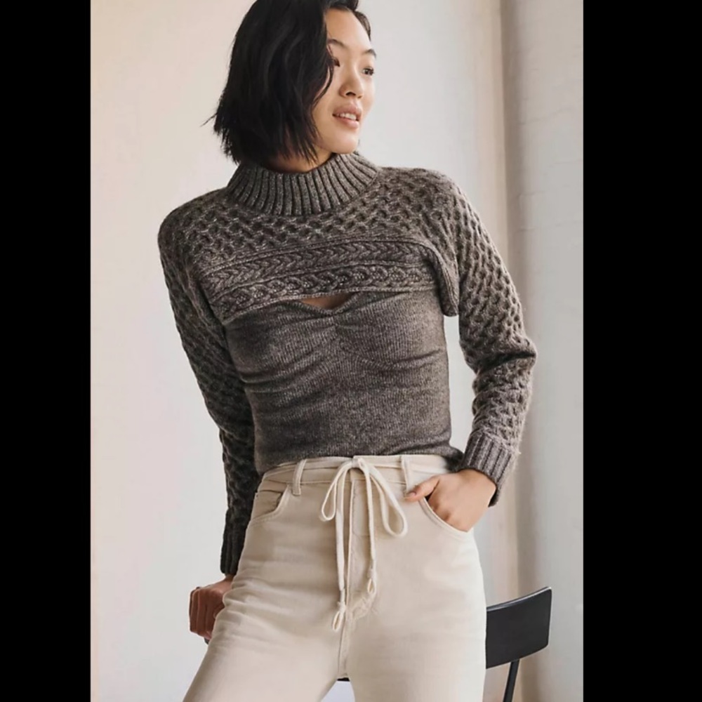 Anthropologie Gray Cropped Cable-Knit Mock Neck Shrug